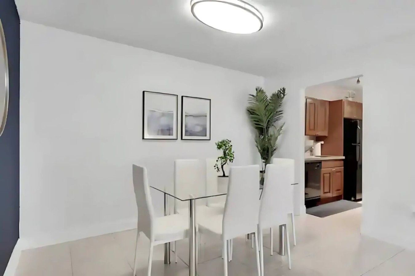 Uma área de refeições moderna com mesa de vidro e cadeiras brancas, uma planta em vaso e obras de arte emolduradas na parede.
