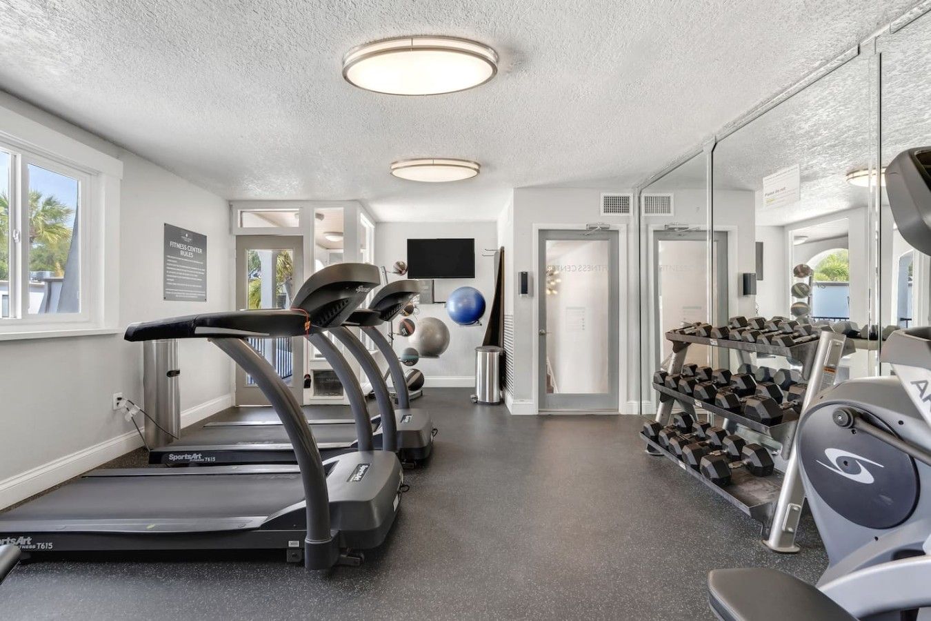 A fitness center with treadmills, a wall-mounted exercise ball, and a rack of dumbbells.