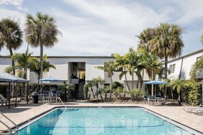 Ein Swimmingpool mit Liegestühlen und Sonnenschirmen, umgeben von Palmen und einem Gebäude im modernen Stil.