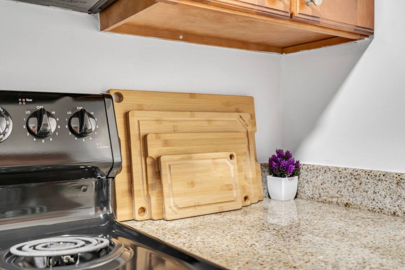 Een keuken met een fornuis, houten snijplanken en een potplante.