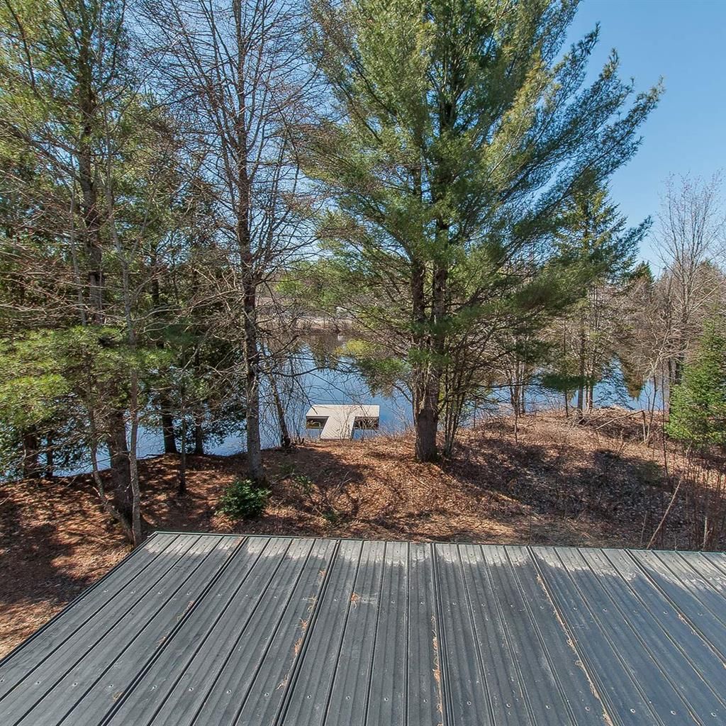 Une terrasse en bois offrant une vue sur un lac et des arbres.