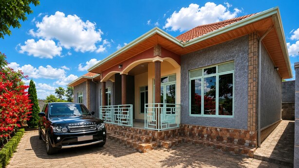 A house with a paved driveway, a car parked in front, and a well-maintained garden. - Secure 4BR Home Near City Center (Kigali)