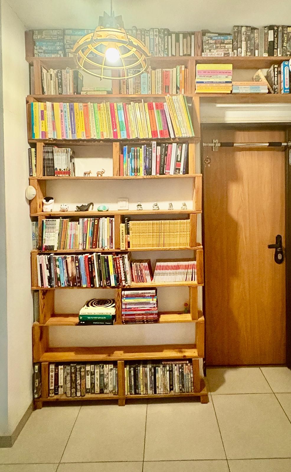 Ein Bücherregal voller Bücher und DVDs, eine Holztür und eine Leuchte.