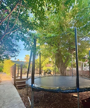 A trampoline in a backyard with trees and a wooden fence.