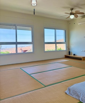 A room with tatami mats, a ceiling fan, and large windows with a view of a hilly landscape.