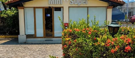 A building with a sign reading 'Mini Super' and a cobblestone entrance.
