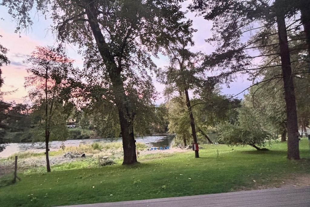 Un parque con un río, árboles y una zona cubierta de césped.