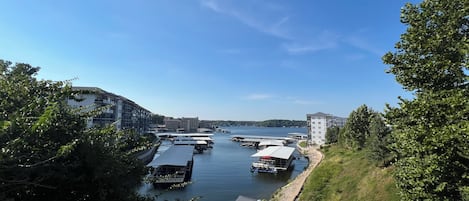 A marina with boats docked, a swimming pool, and buildings in the background.