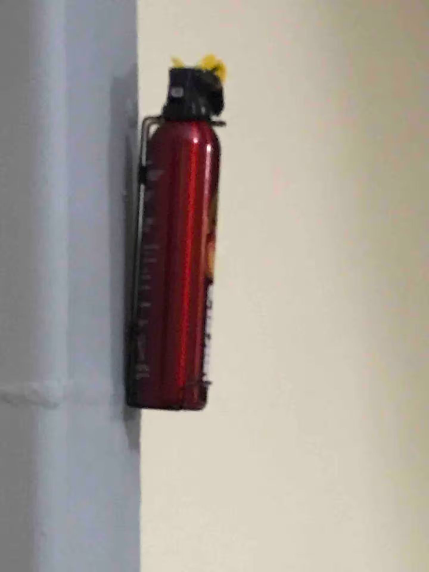 A red fire extinguisher mounted on a wall.