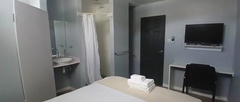 A hotel room with a bed, a desk, a TV, a bathroom with a shower, and a sink.