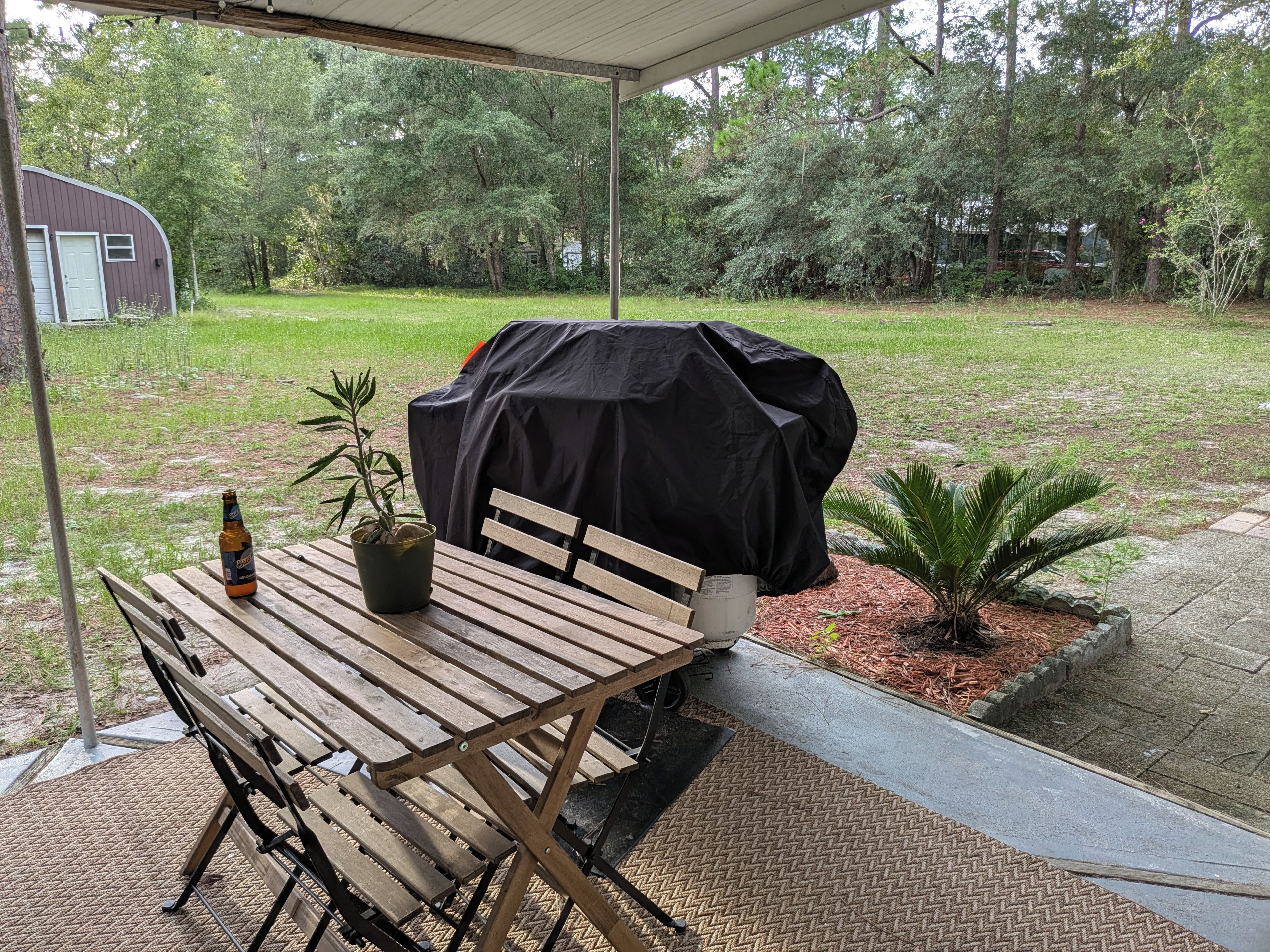 A covered patio with a wooden table, a beer bottle, and a potted plant.