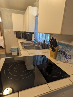 A modern kitchen with a black induction cooktop, stainless steel sink, and white cabinets. - Enjoyable Queen bdrm space charming Crystal River Close to everything  SNOWBIRDS (Crystal River)