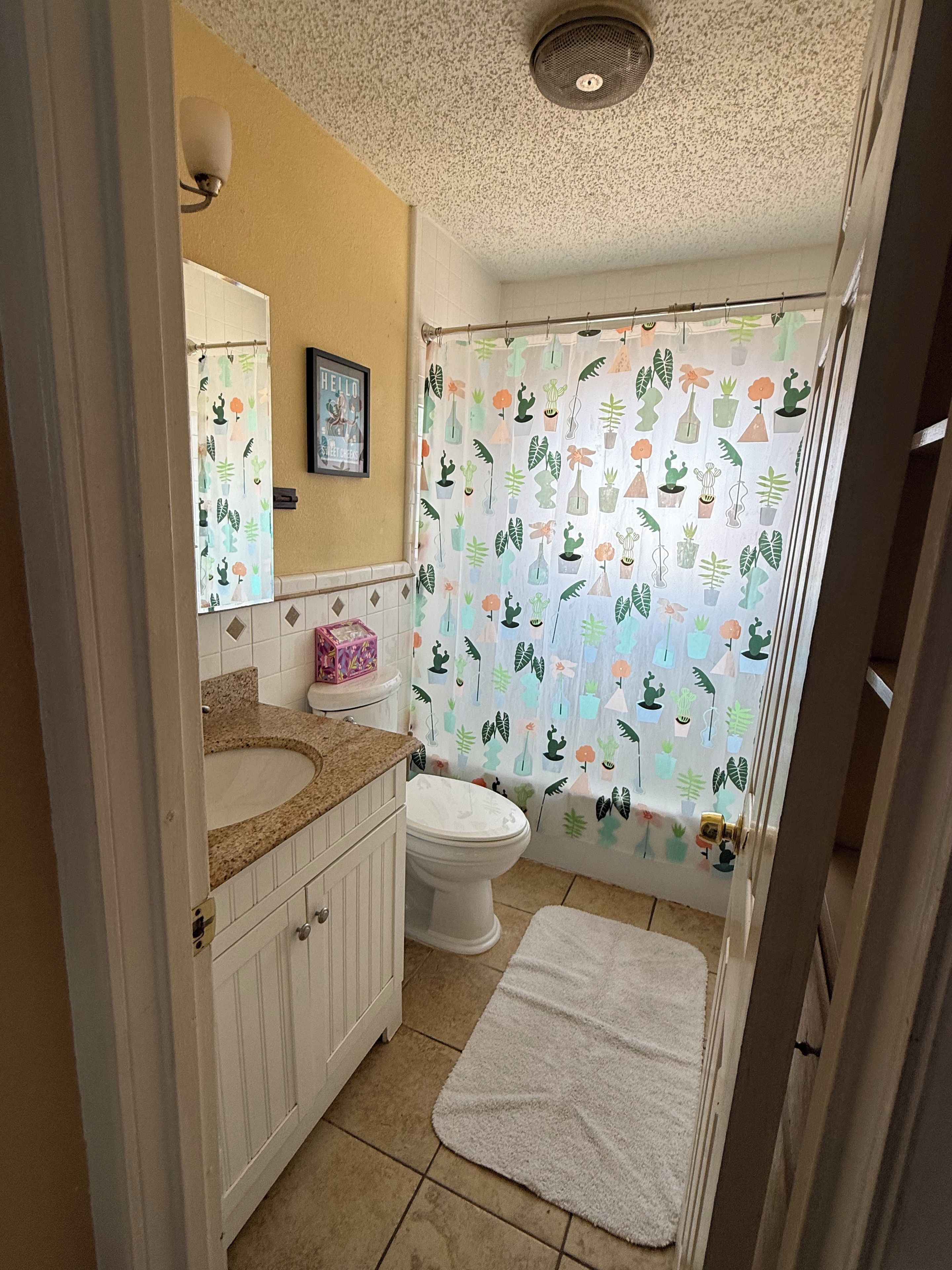 Hair dryer, towels, soap, toilet paper