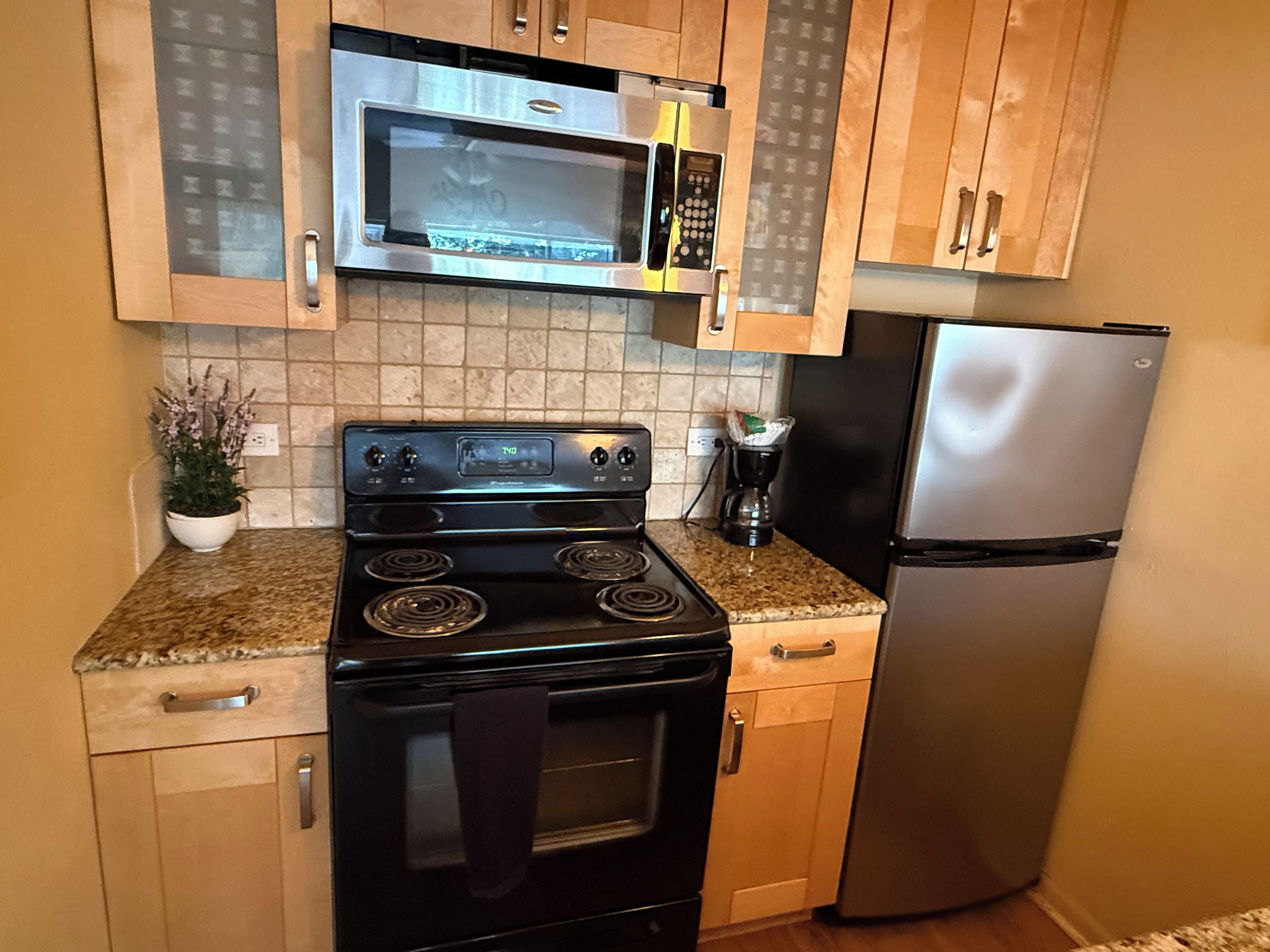 A kitchen with a stove, microwave, and refrigerator.