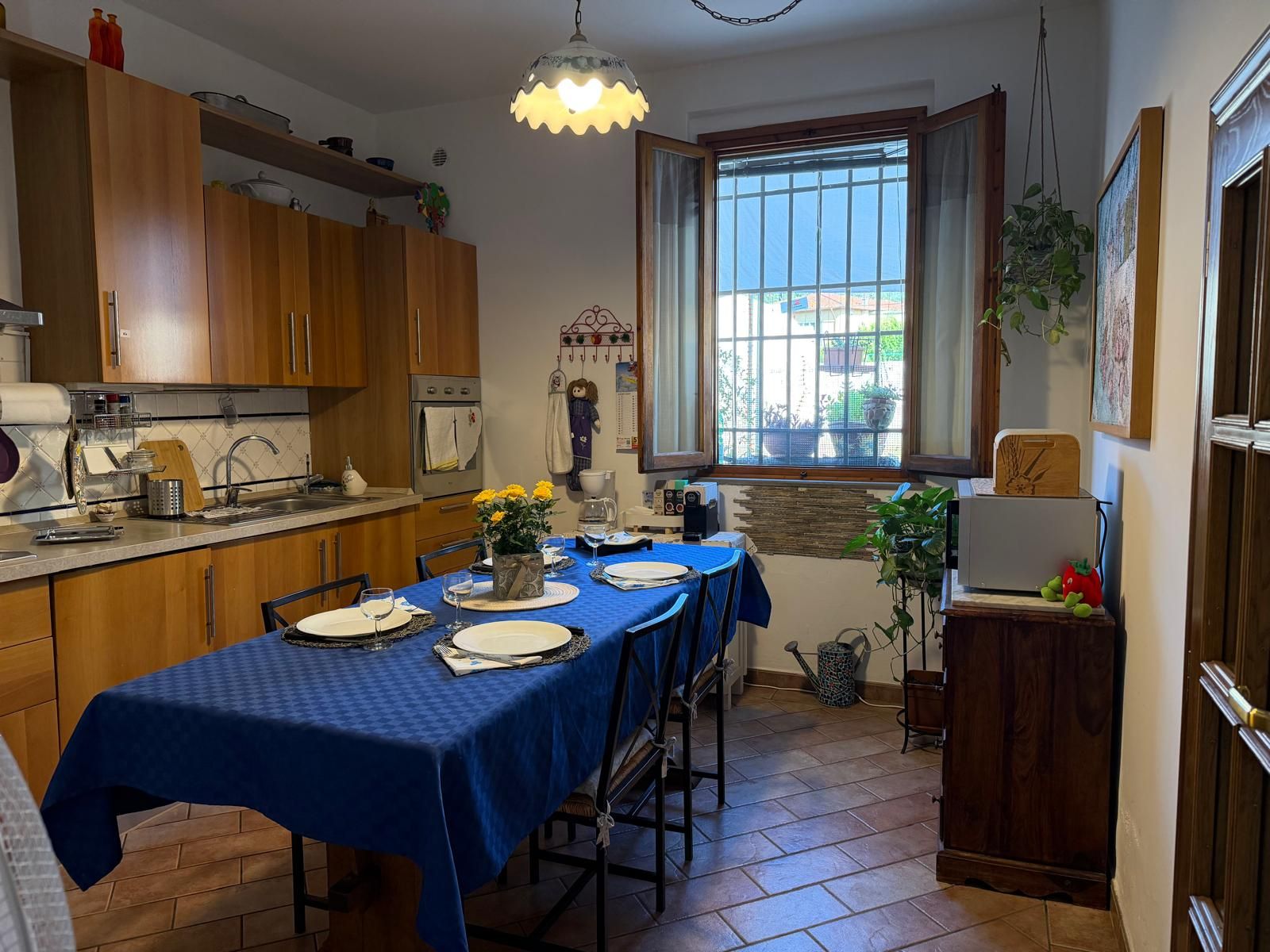 Una cucina con mobili in legno, un tavolo da pranzo per quattro persone, una finestra con vista e una pianta sospesa.