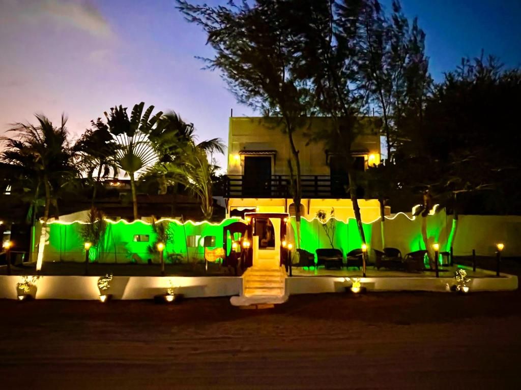 A building with a staircase leading to a door, surrounded by palm trees and illuminated by warm lights.