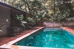 A rectangular pool with a wooden deck surrounding it, chairs, and large leafy plants.