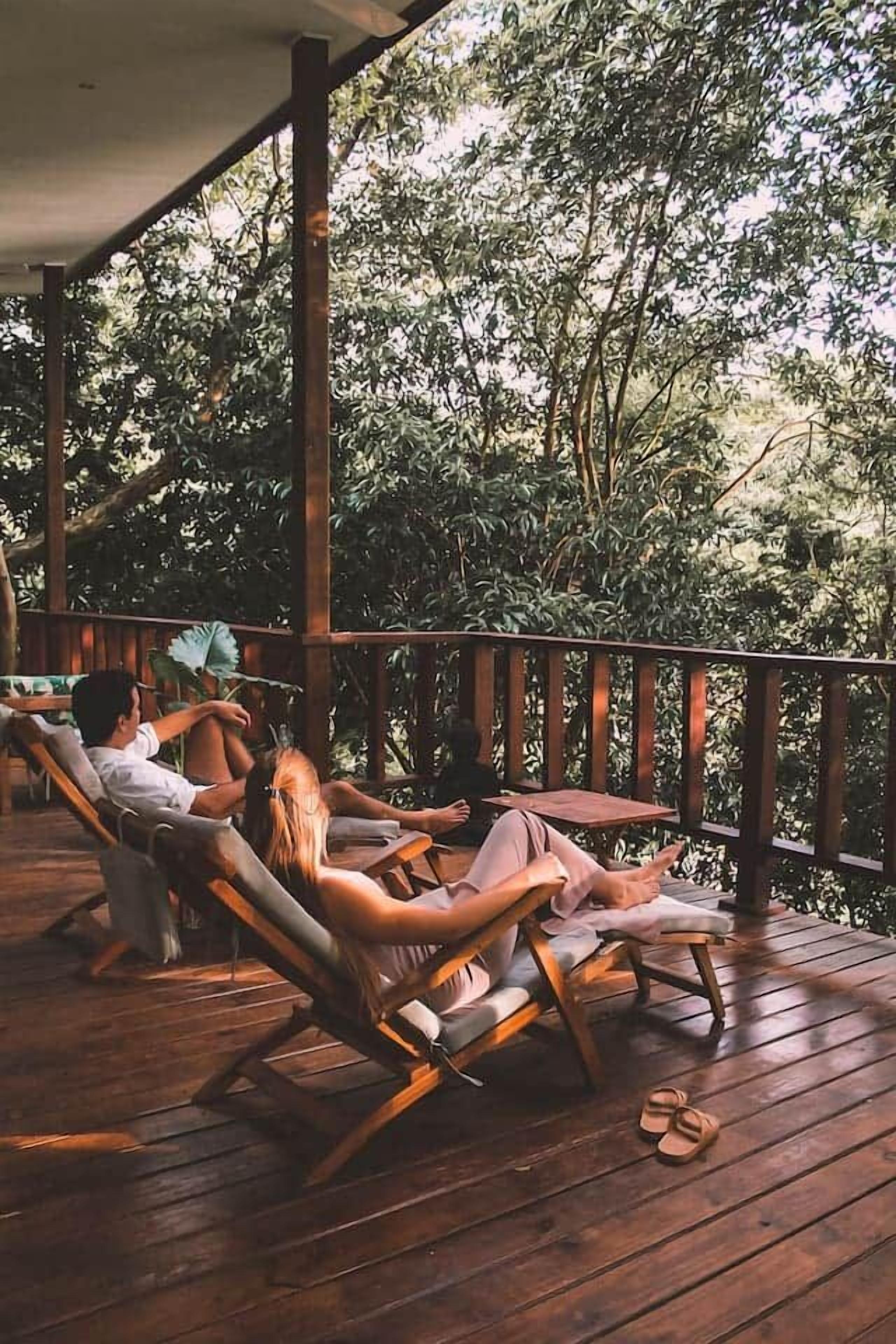 Une terrasse en bois, agrémentée de chaises longues et d’une table, entourée d’une végétation luxuriante.