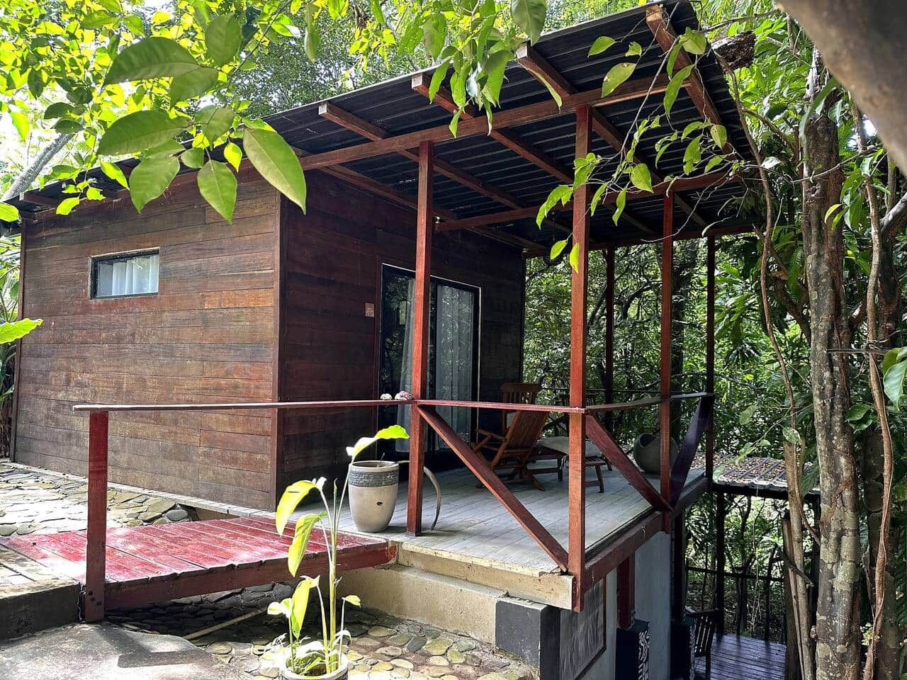 A wooden cabin with a porch, a stone pathway, and a view of the surrounding forest.