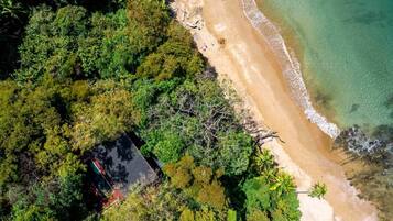 An aerial view of a beach with dense greenery on one side and a sandy shoreline on the other.