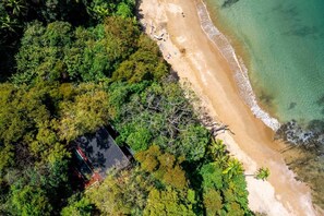 An aerial view of a beach with dense greenery on one side and a sandy shoreline on the other.