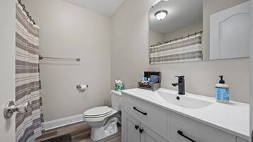 A bathroom with a toilet, sink, mirror, and shower curtain.