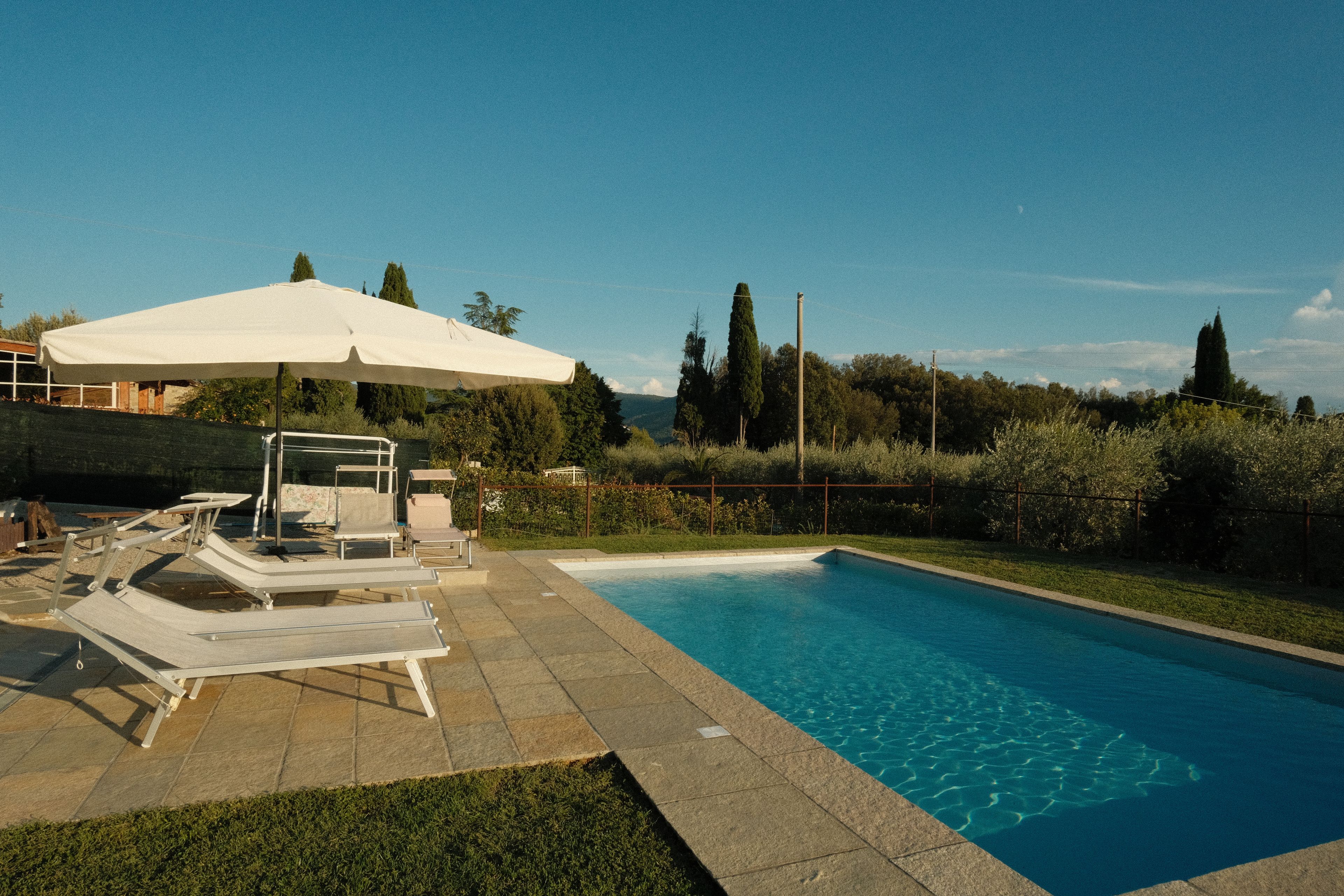Ein Swimmingpool mit Liegestühlen und Sonnenschirm, umgeben von viel Grün und Bäumen.