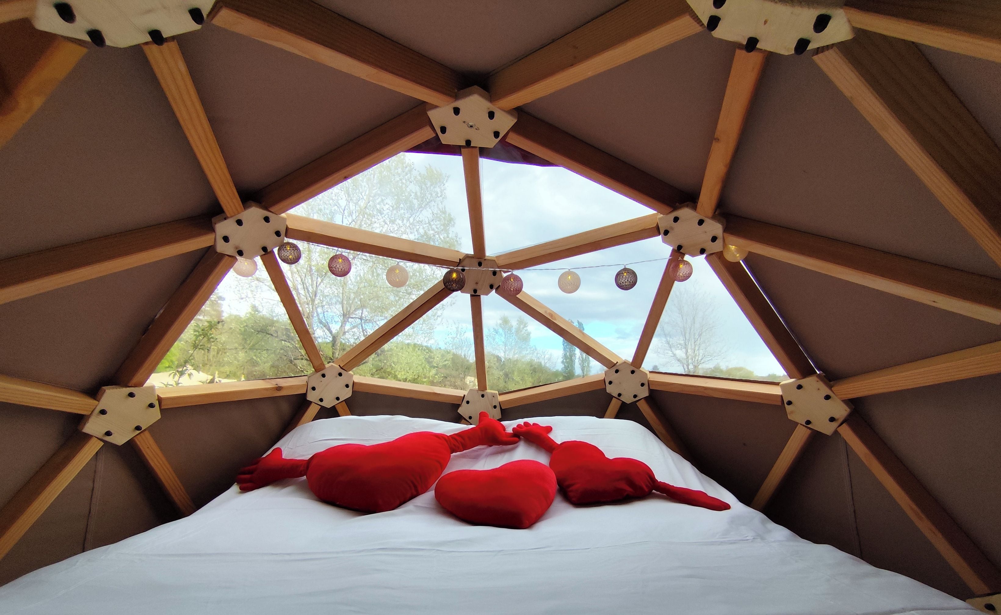 A room with a sloped ceiling, wooden beams, and a bed with red pillows.