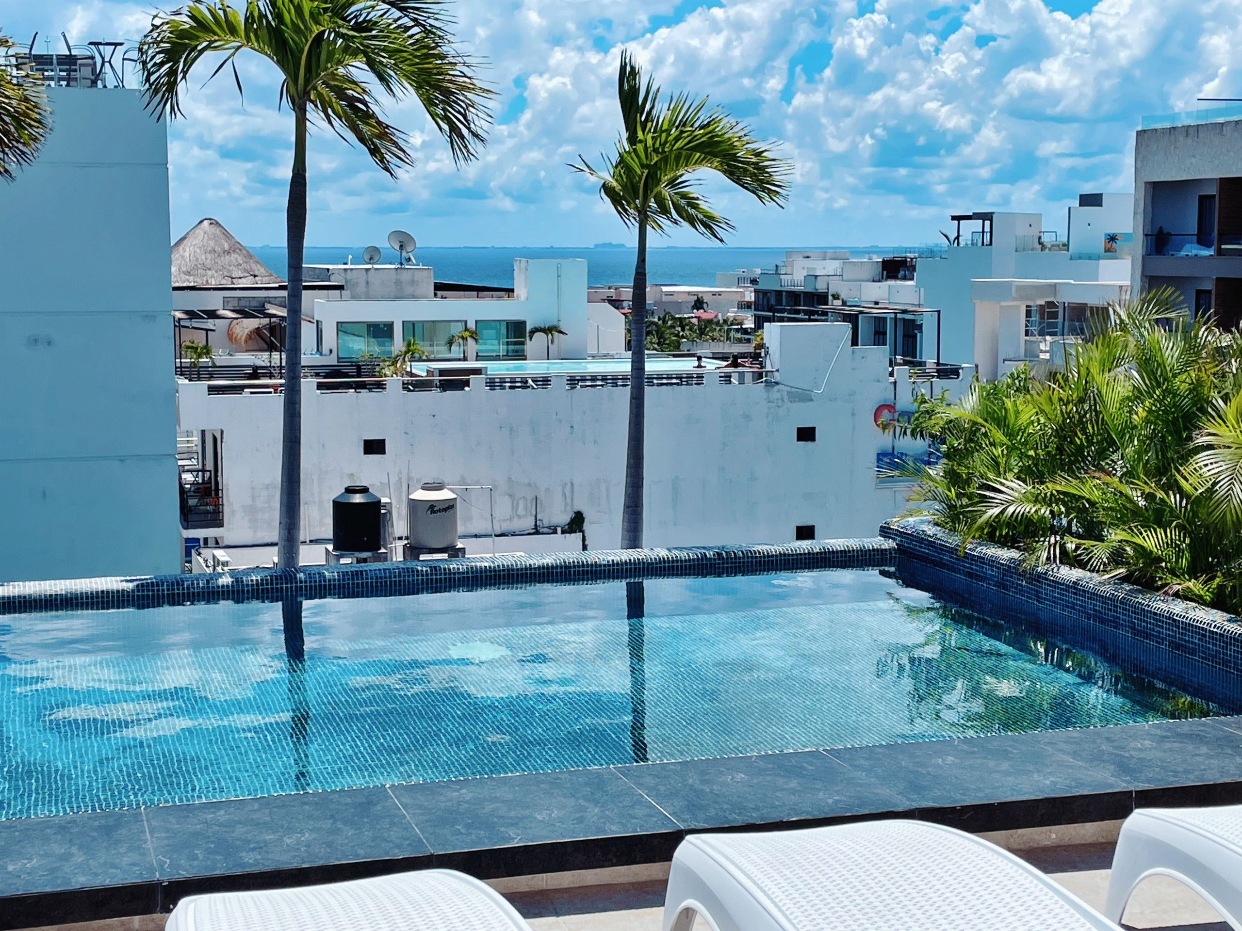 A rooftop infinity pool with clear blue water, surrounded by white lounge chairs.
