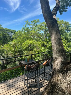 Une terrasse extérieure avec une table et des chaises, entourée d’une végétation luxuriante et d’arbres.