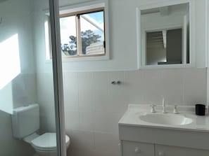 A bathroom with a toilet, a sink, and a window.