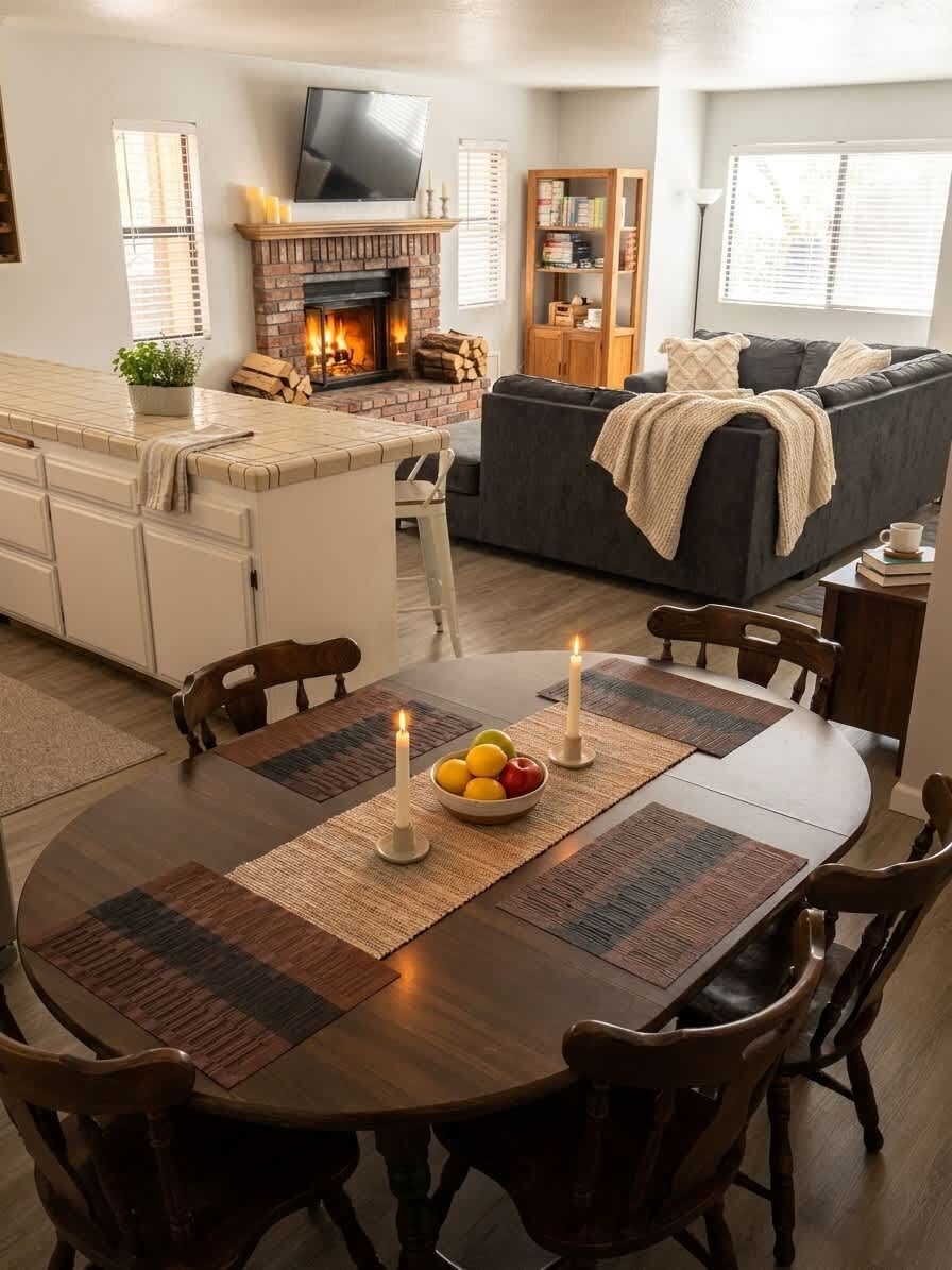 A cozy living room with a fireplace, a dining table with candles, and a comfortable sofa.