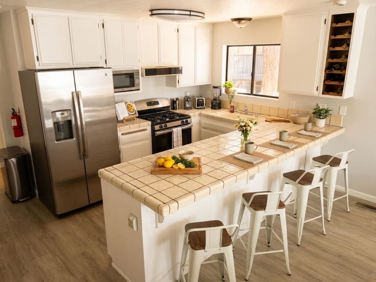 A modern kitchen with a central island, stainless steel appliances, and bar stools.