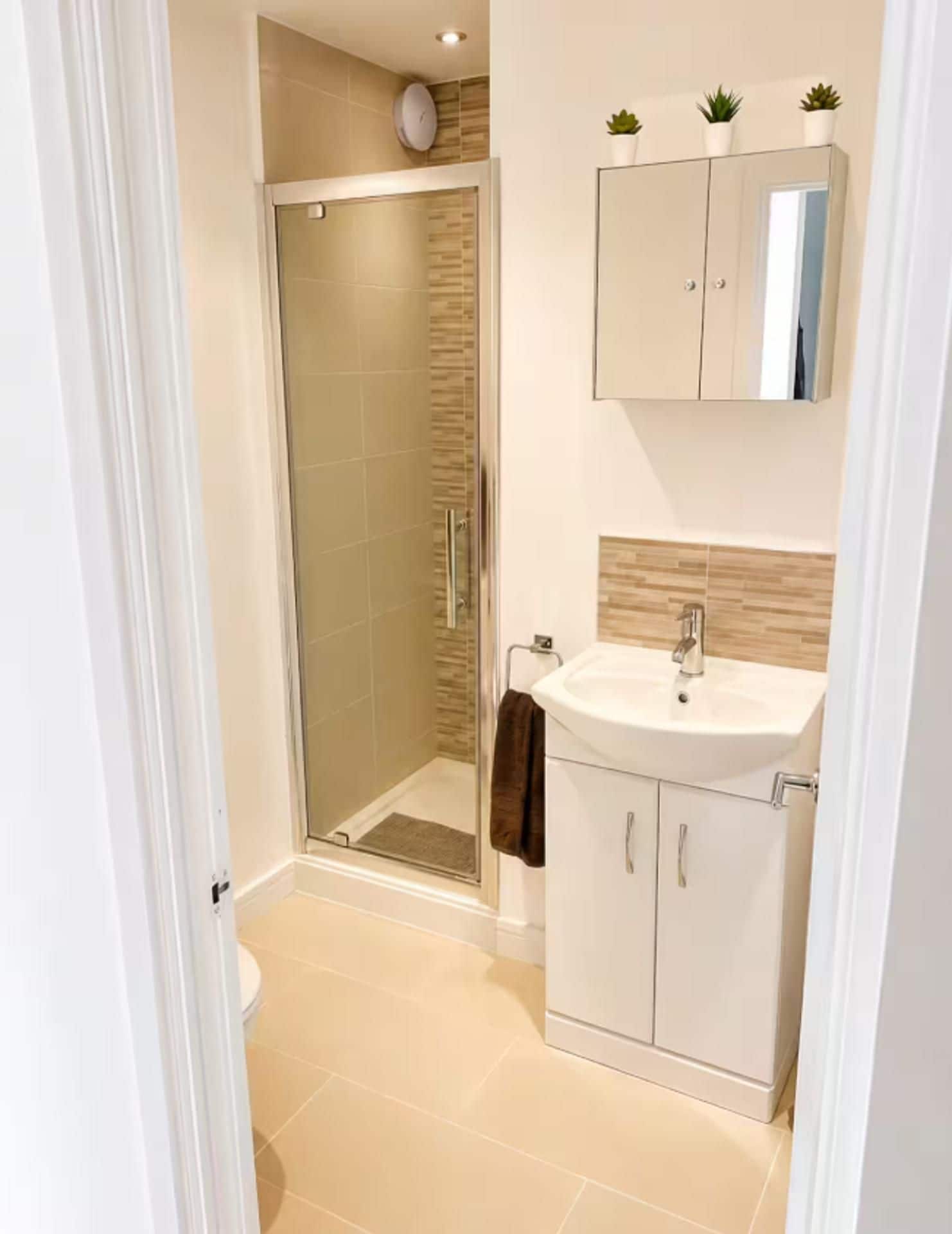 A modern bathroom with a glass shower enclosure, a white sink, and a cabinet above the mirror.