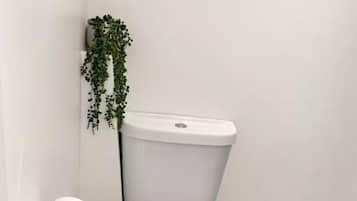 A toilet with a white lid, a toilet paper holder, and a toilet brush.