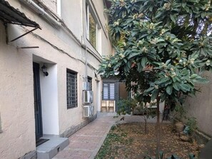 Une petite cour étroite avec un arbre, une porte et une fenêtre.