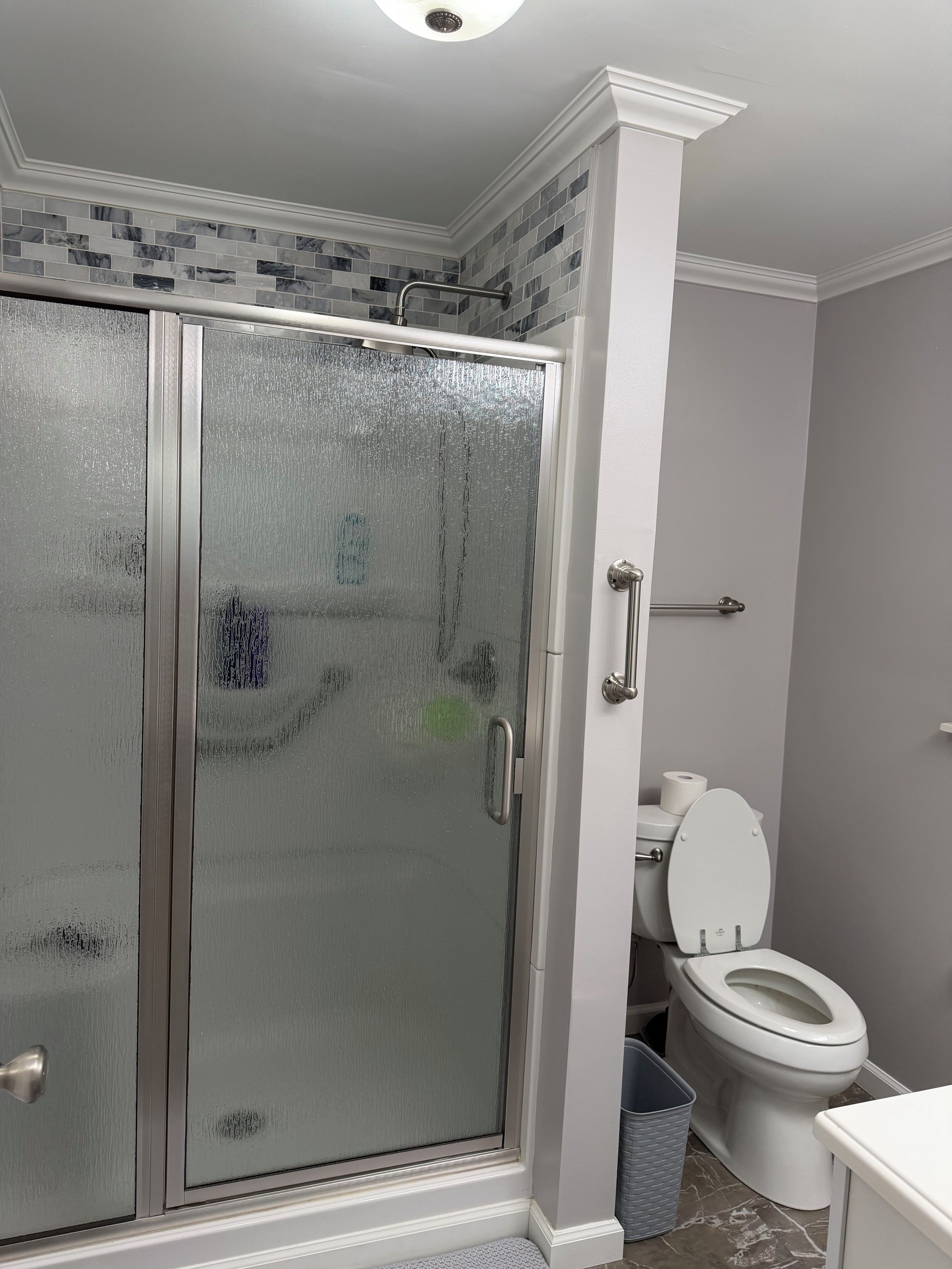 Een badkamer met een douche met glazen wand, een toilet en een prullenbak.