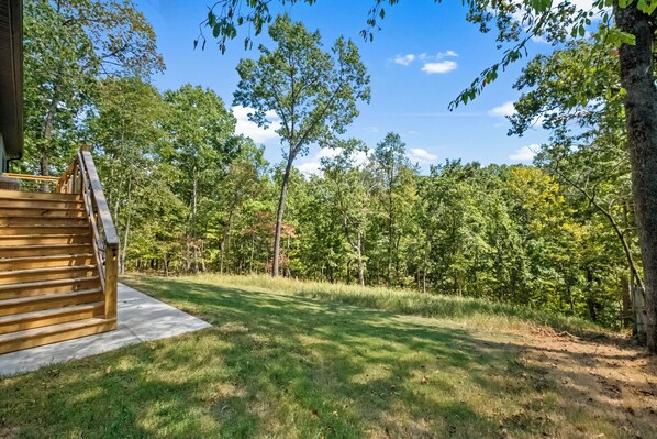 A wooden staircase leading to a covered area, surrounded by a grassy lawn and dense trees.