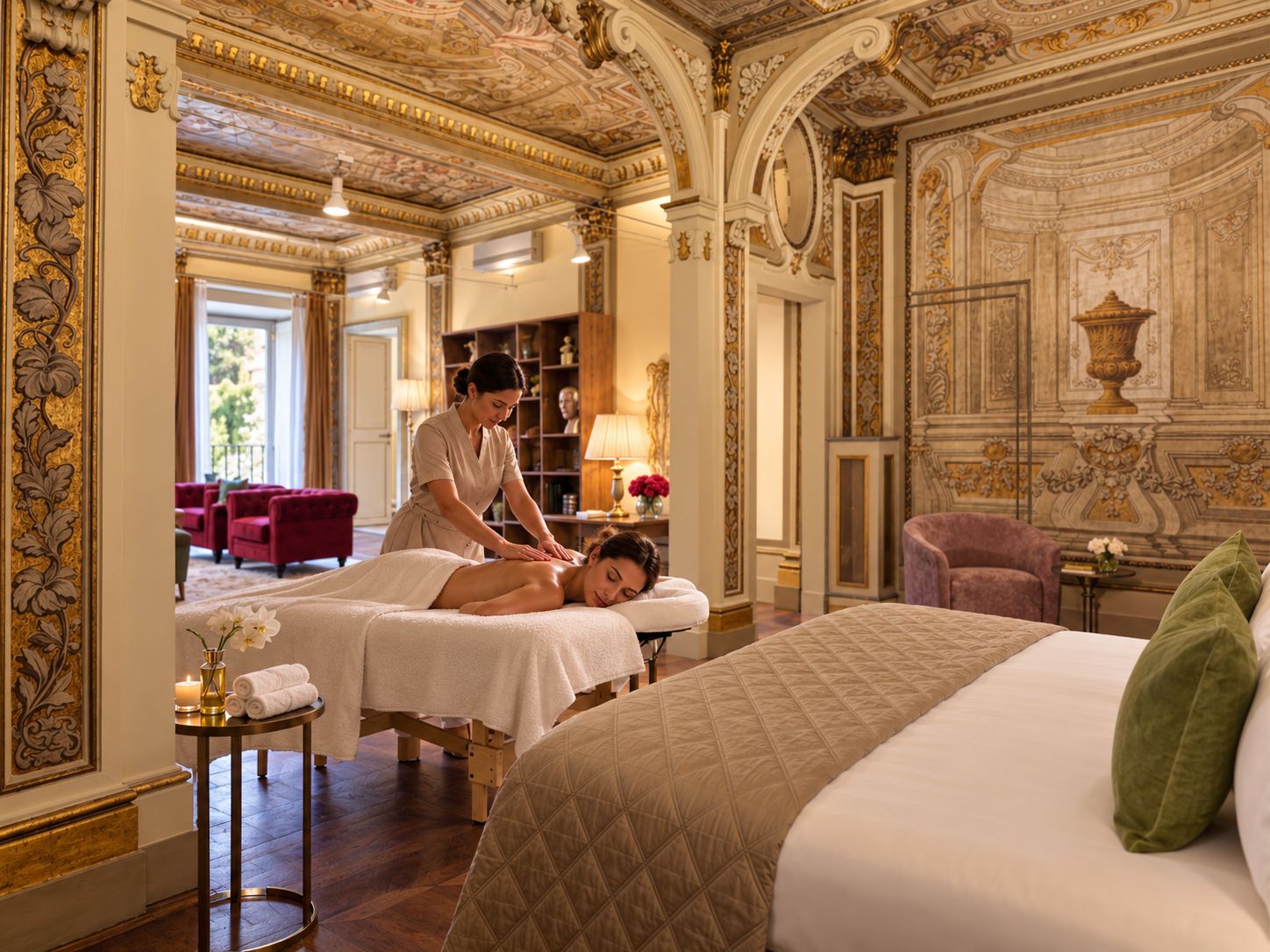 Ein luxuriöser Raum mit einem großen Bett, einer Massageliege und einer aufwendigen Innenausstattung, darunter kunstvolle Wandverzierungen und ein Chandelier.