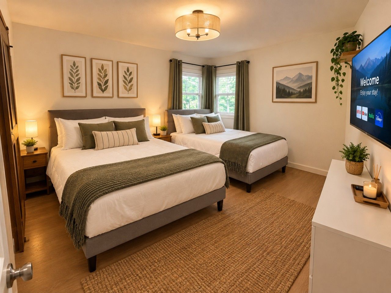 A hotel room with two beds, a TV, a desk, and a window with curtains.