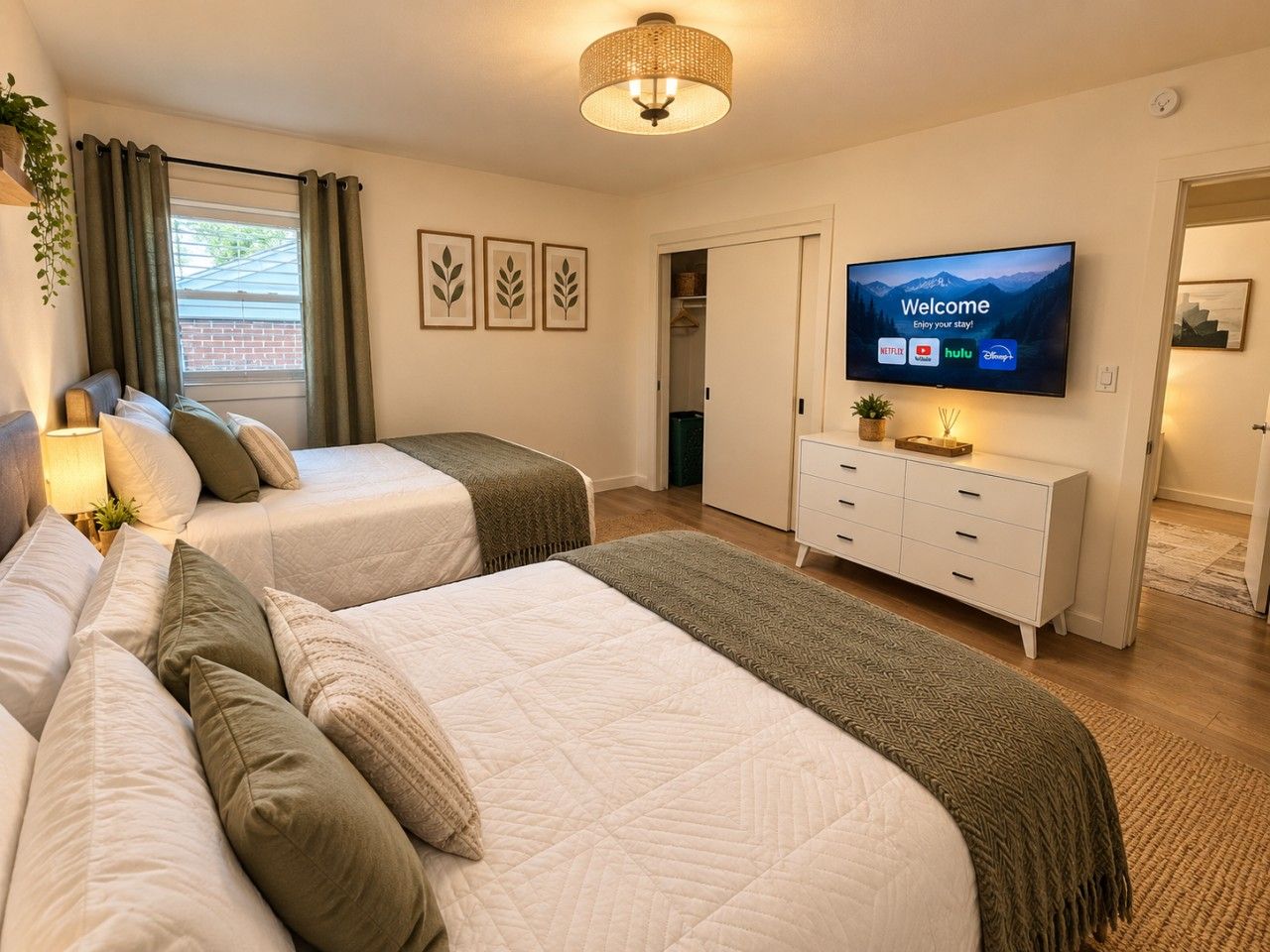 Een hotelkamer met twee bedden, een televisie waarop een welkomstbericht staat en een witte dressoir.