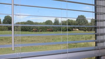 Een raam met horizontale zonwering, met uitzicht op een grasveld en bomen.