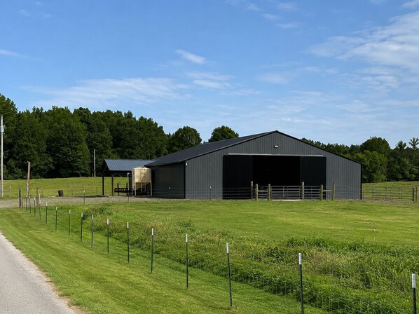 En stor, mørk lade med åben dør, omgivet af et indhegnet mark under en klar himmel.