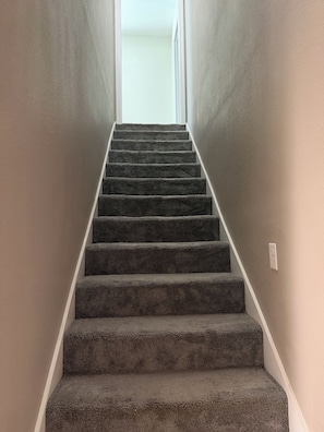 Una escalera con alfombra y barandilla blanca que conduce a un interior luminoso.