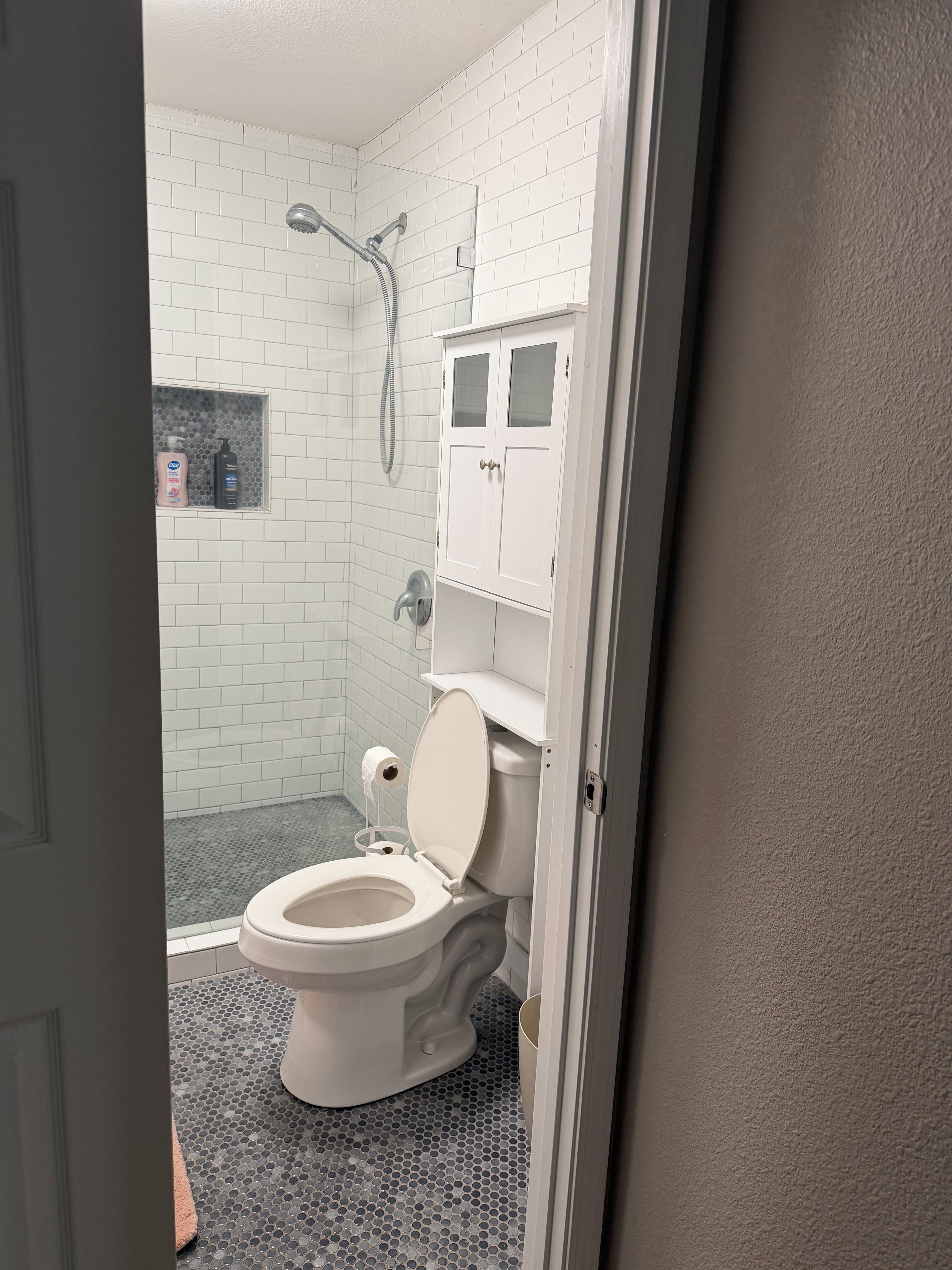 Shower, hair dryer, towels, toilet paper