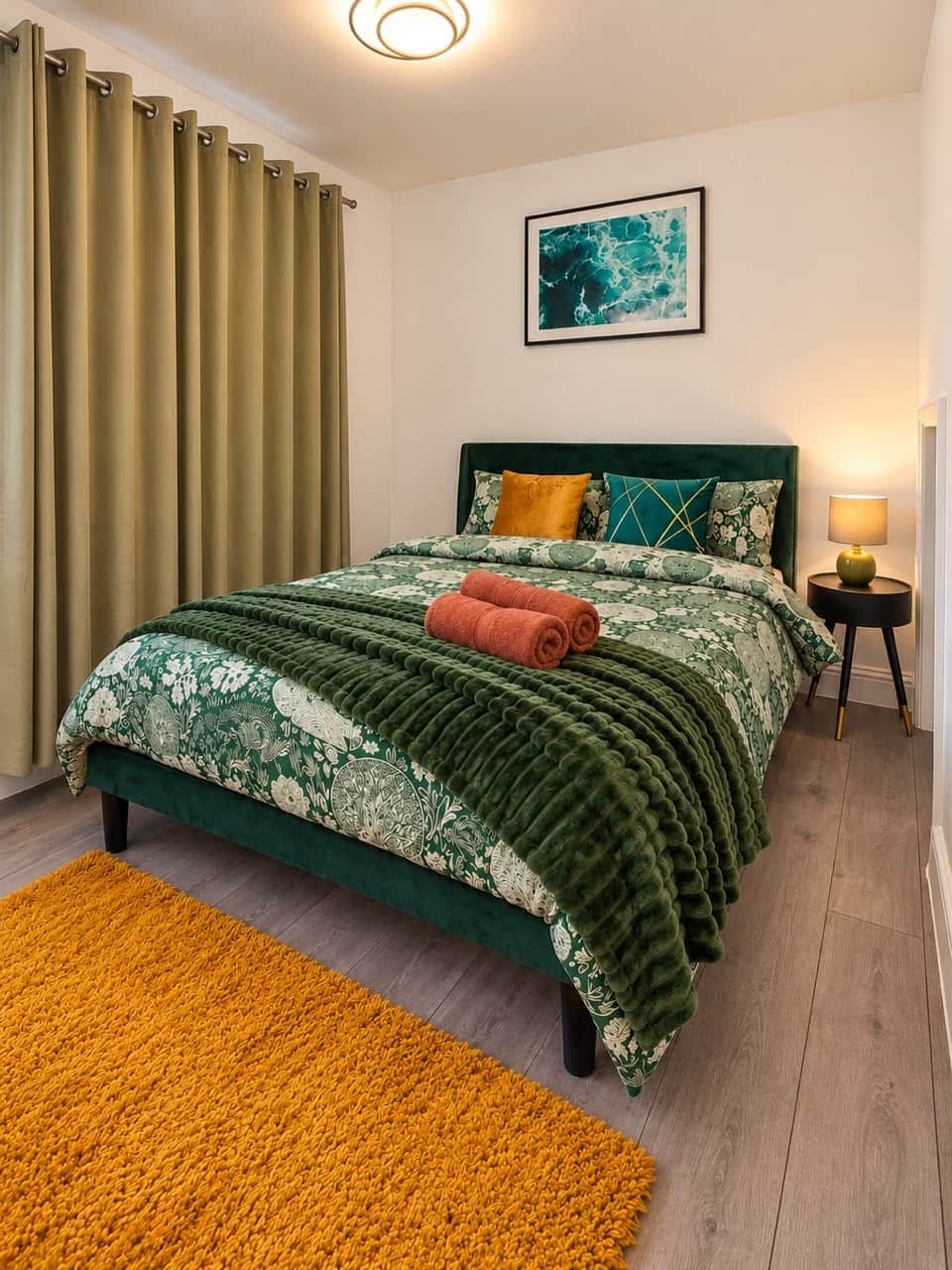 Une chambre à coucher avec un lit, une table de chevet, une lampe, un tableau encadré au mur et une fenêtre avec des rideaux.