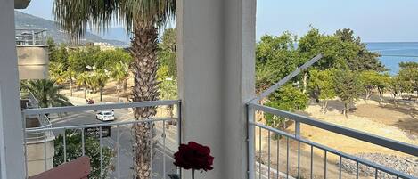 Un balcón con una mesa a cuadros, una rosa roja y vistas al mar y palmeras.