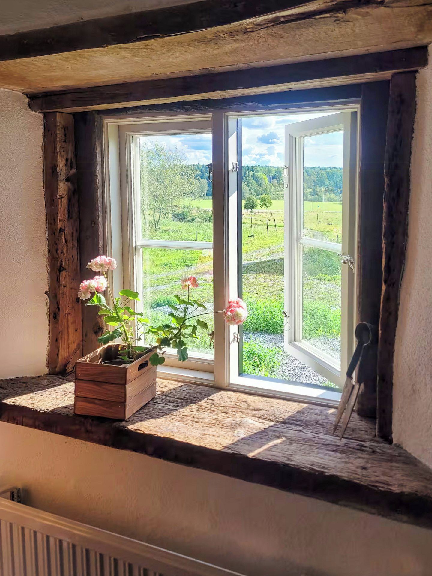 Une fenêtre donnant sur un paysage verdoyant, une caisse en bois remplie de fleurs et un objet en métal posé sur le rebord.