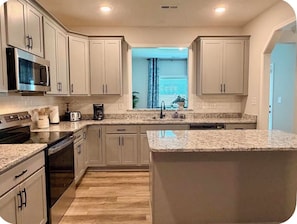A kitchen with white cabinets, a granite countertop, stainless steel appliances, and a window with blinds.