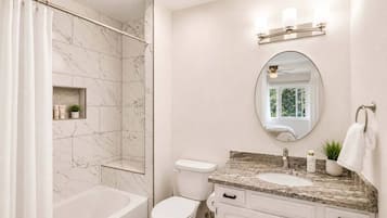 A bathroom with a bathtub, toilet, vanity with a sink, and a shower area.